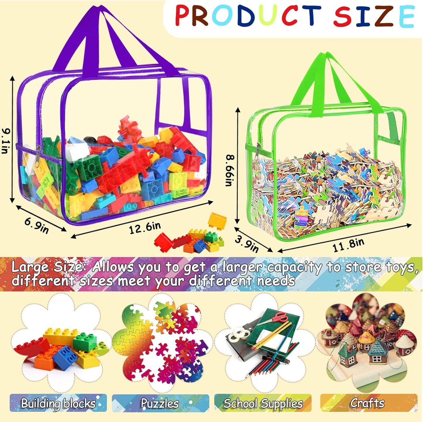 6 Colors Large Toy Storage Bags with Labels, Reusable Clear PVC Board Game Storage, Travel Waterproof Organizer Bags with Zipper for Building Blocks, Puzzle, Kids Books(3 large & 3 Widen X-Large)