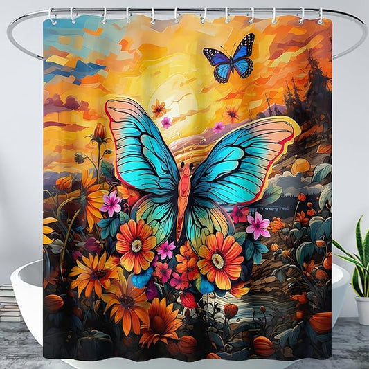 AILONEN Beautiful Butterfly Shower Curtain,Blue Butterfly with Sunflower Bath Curtain for Bathroom for Boys,Girls,Natural Plants Waterproof Fabric Shower Curtain Set with Hooks,72" W*96" H
