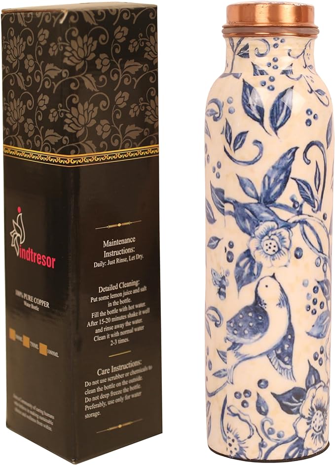 Pure Copper Water Bottle - Handcrafted - Ayurveda health benefits - Large 35 oz - Leak proof, Easy to carry for Sports, Fitness, Yoga, School- White Base Indigo Blue Floral Textured Enamel