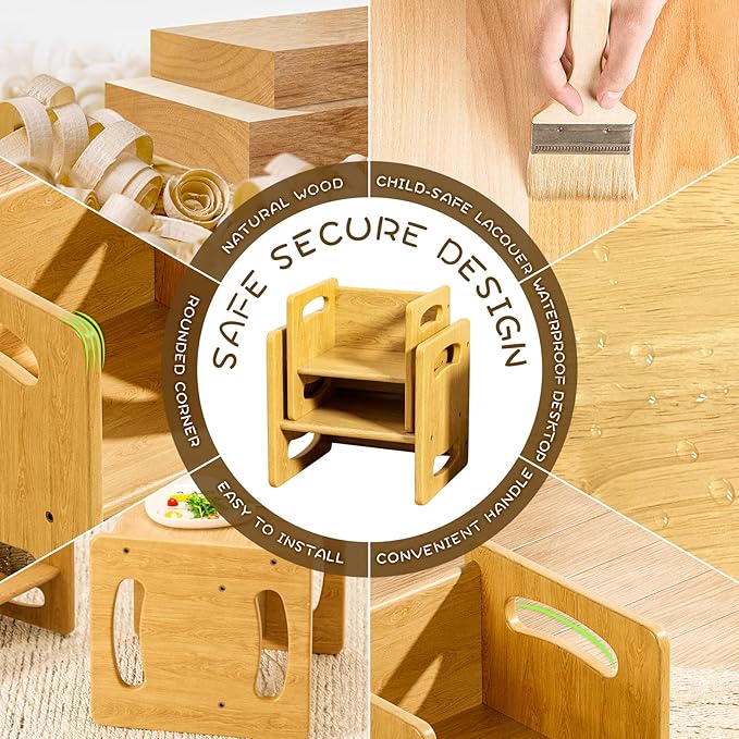 Montessori Weaning Table and Chair Set, Real Hardwood Toddler Table and Chairs Set, for Toddler Reading, Activity, Playing, Snack Time, Step Stool, 1-3 Year Old Kids Montessori Furniture