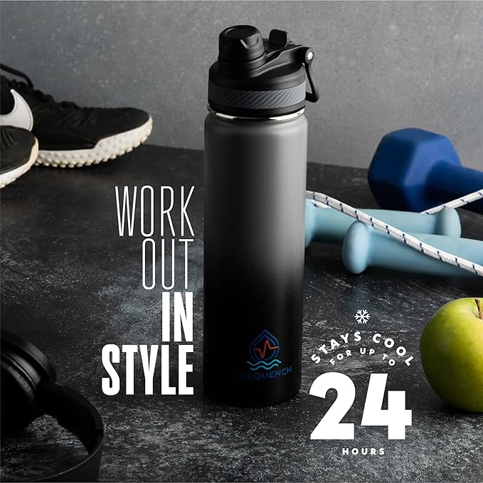 Insulated Water Bottle with Straw and Handle 22 oz-Stainless Steel Water Bottles with Straw, Dual Cap Function & Sleeve, Keeps Drinks Hot Up to 12 Hours & Cold Up to 24 Hours (Rock)