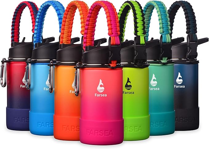 Farsea Insulated Water Bottle With Paracord Handle, Protective Silicone Boot and 2 Lids (Straw Lid & Spout Lid), Stainless Steel Water Bottle Wide Mouth, Double Wall Sweat-Proof BPA-Free,12 oz