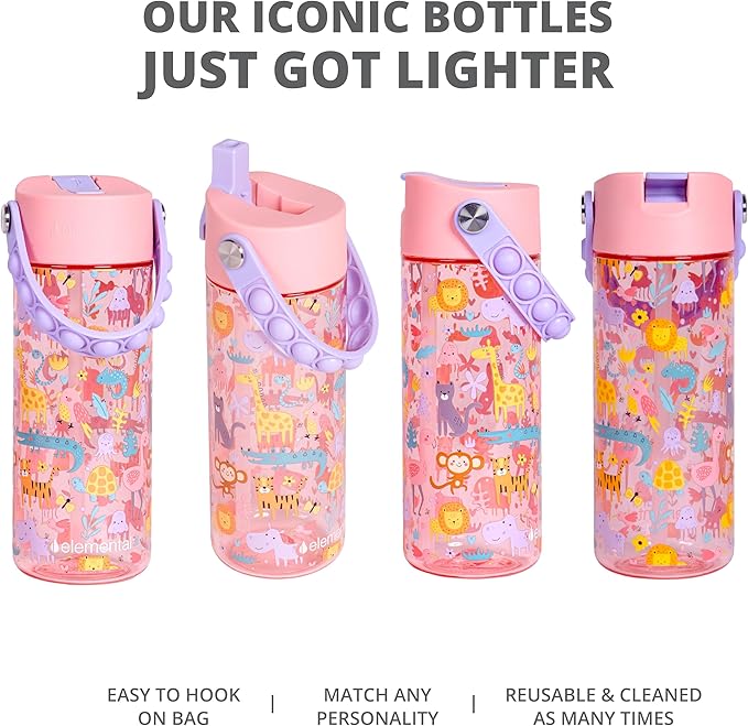 Elemental Leak Proof Water Bottles for Kids - Splash Kids Water Bottle for School with Fun Fidget Pop-it Handle - BPA Free Tritan Plastic Reusable Water Bottle with Straw - Pink Safari - 18oz