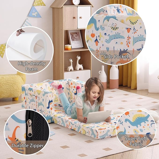 Tiita Toddler Chairs Sofa, 2-in-1 Kids Sofa Couch, Convertible Children Couch to Lounger, Flip Out Kids Sofa Chair, Toddler Armrest Chair Bed for Girl or Boy, White Dinosaur