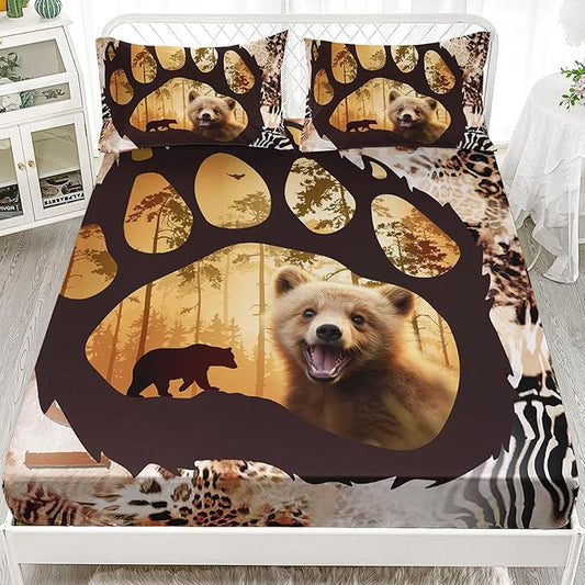 AILONEN Cute Bear Full Fitted Sheet Set for Girls Boys, Bear Paw Sheet Leopard Print Fitted Sheet with 2 Pillowcases,3 Pieces Rustic Vintage Bear Bed Sheet Set