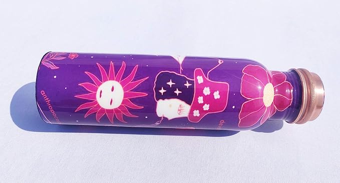 Pure Printed Copper Water Bottle - Leak Proof Ayurvedic Drinkware Copper Vessel for Sports, Gym, Outdoors, Yoga, Health Benefits (30 oz)