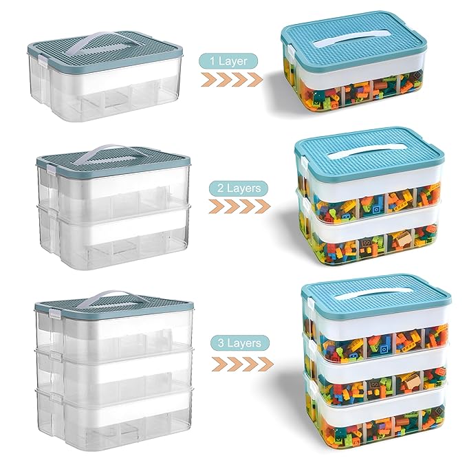 Clear Toy Storage Bins with Lid for Lego, Stackable Toy Organizers Box for Boys and Girls, Plastic Storage Container with Dividers Removable Tray for Bead, Tool, Sewing-Toy Blocks not Included