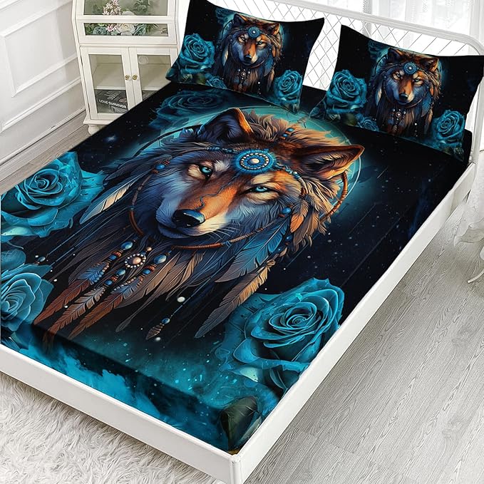 AILONEN Wolf Fitted Sheet Set Full Size Dream Catcher Bed Sheet Set, Blue Rose Smoke Wolf Sheet Set for Boys Girls,Animal Wolf Fitted Sheet with 2 Pillowcases,3 Pieces