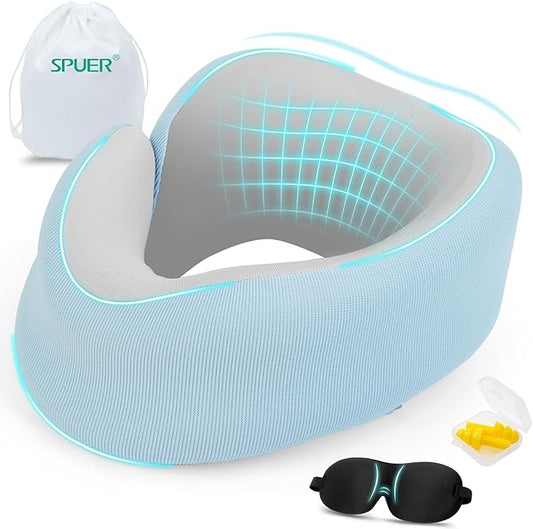 Neck Pillow Airplane, 100% Memory Foam Travel Pillow for Flight, Portable Adjustable Neck Pillow for Airplane, Car, Train, Bus, Removable and Washable Pillowcase, with Sleep mask and Earplugs