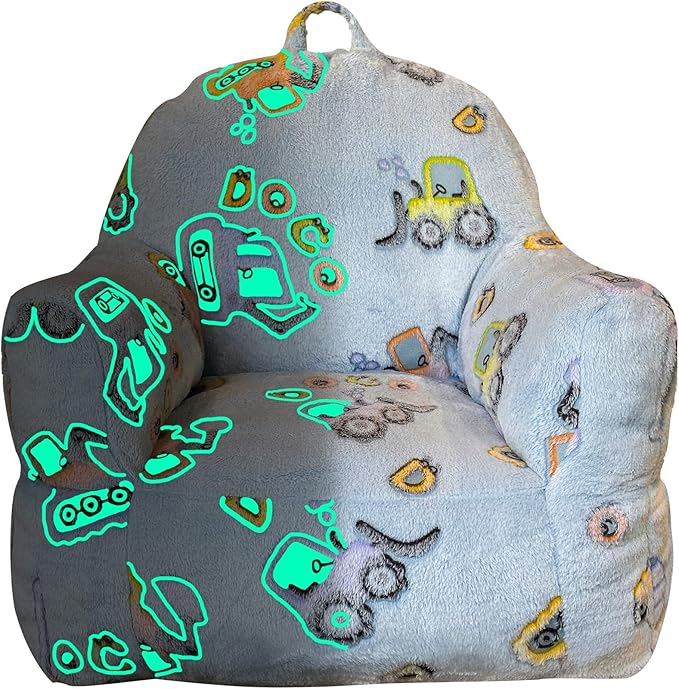 Glow in The Dark Kids Toddler Bean Bag Chair Excavator Truck Car Printed Toddler Chair Children's Plush Chair Mini Sofa Armrest Sofa for Boys and Girls