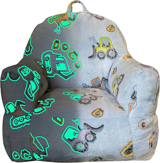 Glow in The Dark Kids Toddler Bean Bag Chair Excavator Truck Car Printed Toddler Chair Children's Plush Chair Mini Sofa Armrest Sofa for Boys and Girls