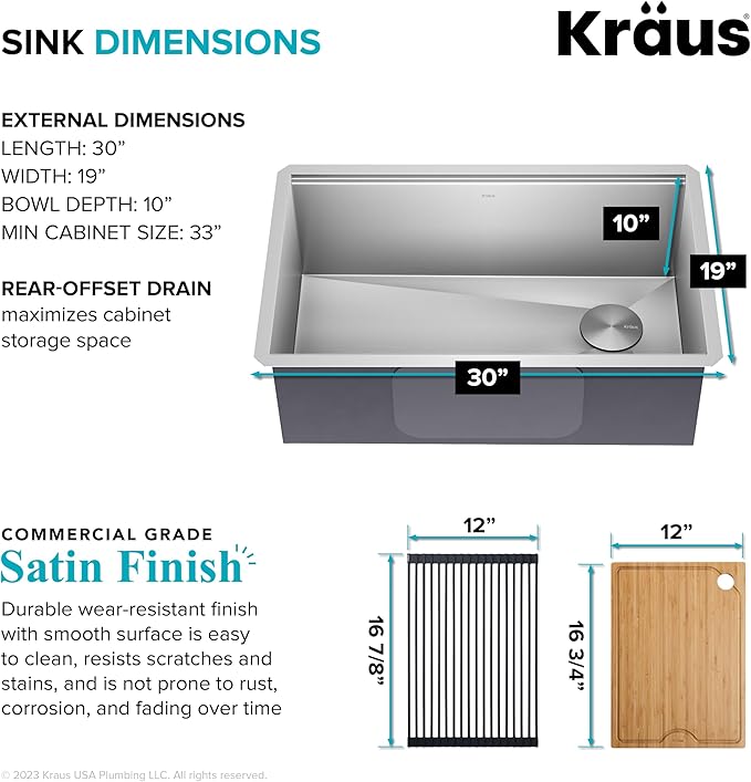 Kraus KWU110-30 Kore Kitchen Single Bowl, 30 Inch, 30"- Workstation Sink