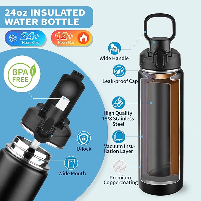 Insulated water bottle with Straw,24oz Stainless Steel Water Bottle for Adult Kids,Double Wall Vacuum Wide Mouth Insulated Water Bottle for Sports,BPA-free and Leak-proof（24oz,Black）