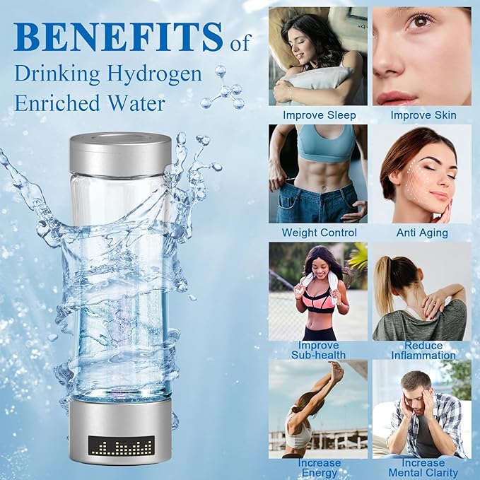 Hydrogen Water Bottle Generator, SPE/PEM Technology Hydrogen-Rich Water Bottle Hydrogen Concentration(+2800ppb), Portable Rechargeable Glass Hydrogen Water Ionizer Machine Gifts for Women&Men