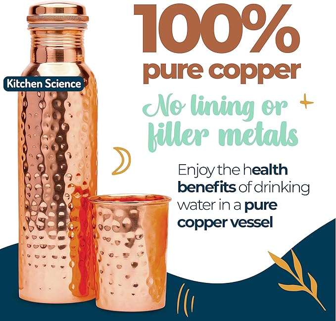 Copper Water Bottle (34oz/1000 ml) w/Copper Tumbler, Carrying Bag & Deco Sleeve | Pure Copper Bottle for Drinking Water | Lab-Tested, Leak-Proof | Authentic Ayurvedic Copper Bottle