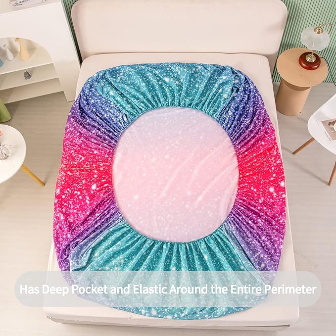 RYNGHIPY Colorful Glitter Bed Sheet Collections, Glitter Rainbow Theme Fitted Sheet Twin Size, Mermaid Design Sheets Set for Girls (Pink Blue,Twin)