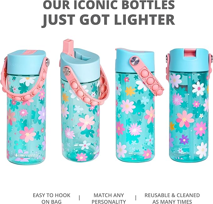 Elemental Leak Proof Water Bottles for Kids - Splash Kids Water Bottle for School with Fun Fidget Pop-it Handle - Tritan Plastic Water Bottle with Straw - Stylish Cat & Spring Blossom - 18oz (2 Pack)