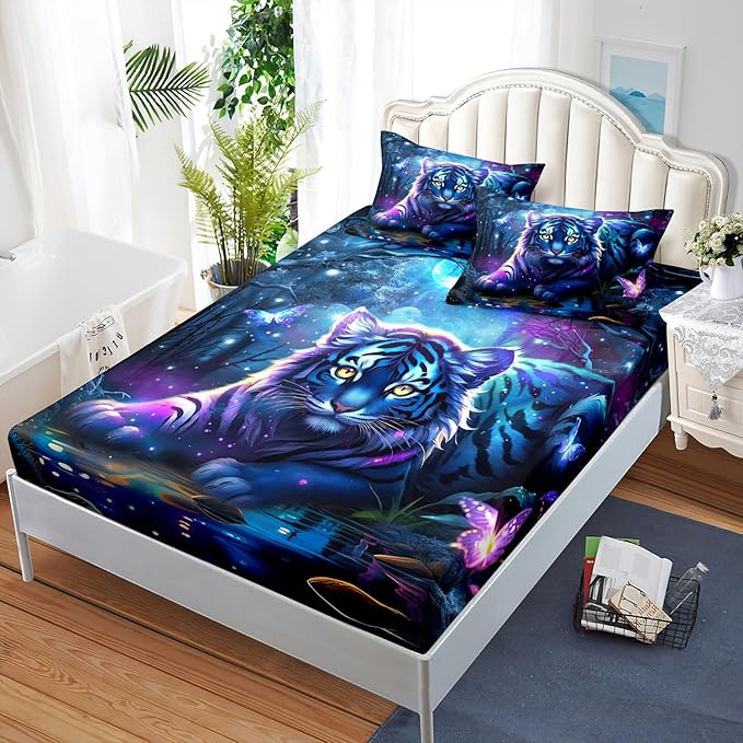AILONEN Tiger Fitted Sheet Set Queen Size, Fairy Starry Forest Cute Tiger Sheet Wildlife Bed Sheet Set,3 Pieces Printed Fitted Sheet with 2 Pillowcases