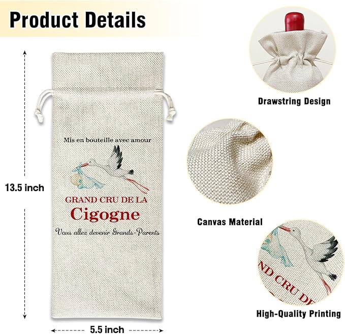 Wine Canvas Bag, Grandparent Announcement Gifts Wine Gift Bag, New Grandma Gift First Time Wine Bags for Wine Bottles, Wine Champagne Gifts With Drawstring Baby Announcement Party Decoration -WB03