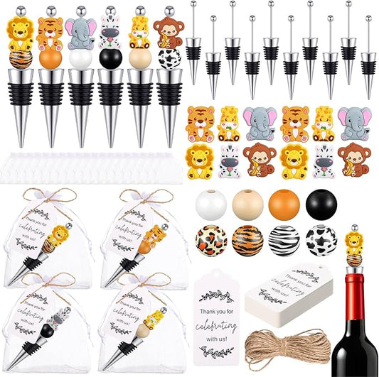 Gisafai 60 Pcs Beadable Wine Stoppers Bulk Include Beadable Bottle Stoppers Silicone Reusable Wine Saver Corks with Bags Labels Ropes for Baby Shower Gifts DIY Safari Jungle Animal Party Bar