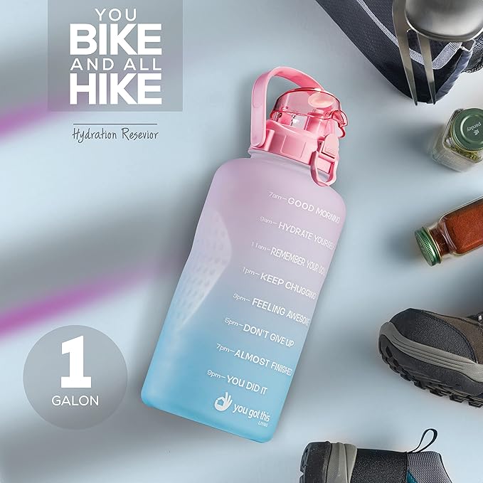 Motivational Water Bottle with Straw & Handle,One Gallon Water Bottle 128 oz/3.8L,Reusable Water Jug, Achieve All-Day Hydration SpillProof, BPA FREE
