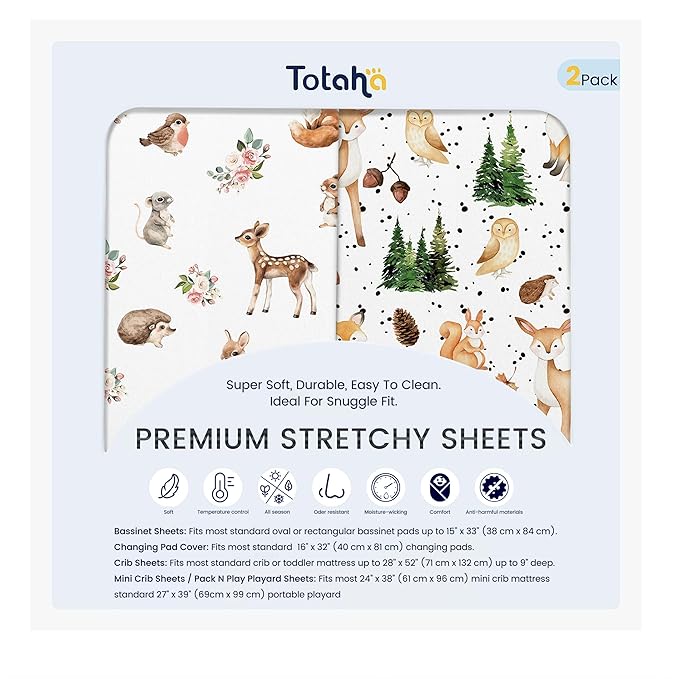 TotAha Premium Soft Bassinet Sheet for Boy Girl, Super Stretchy Jersey Knit Bassinet Fitted Sheet, Compatible with Halo, Maxi COSI, Mika Micky, SNOO, and Other Bassinet, 2 Pack (Forest Animals)