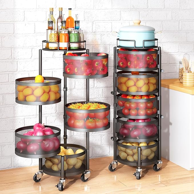 Fruit and Vegetable Basket Bowls for Kitchen with Metal Top Lid, SNTD 5 Tier Rotating Storage Rack Cart for Potato Onion Bread Banana, Wire Basket Organizer on Wheels, Large, Black