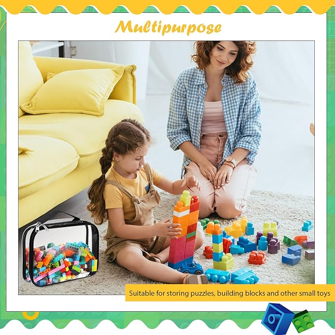 Sanwuta 3 Packs Toy Storage Bags with Zipper, Clear PVC Organizing Bags, Waterproof Toy Bags for Board Games, Building Blocks, Toys and Kids Books (Black,3 Sizes)