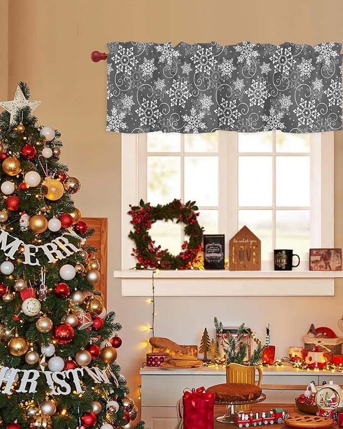 Christmas Valance Curtains for Kitchen Windows Grey White Snowflakes Pattern Rod Pocket Window Treatment Toppers for Kitchen/Living Room/Bedroom/Bathroom, 54" X 18", Winter