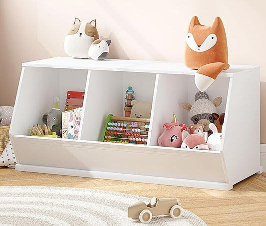 UTEX Toy Storage Organizer for Kids, Stackable Toy Storage Cabinet, Wooden Cubby Toy Organizer, White Toy Shelf for Playroom, Bedroom, Living room, Nursery, 3 Cubes