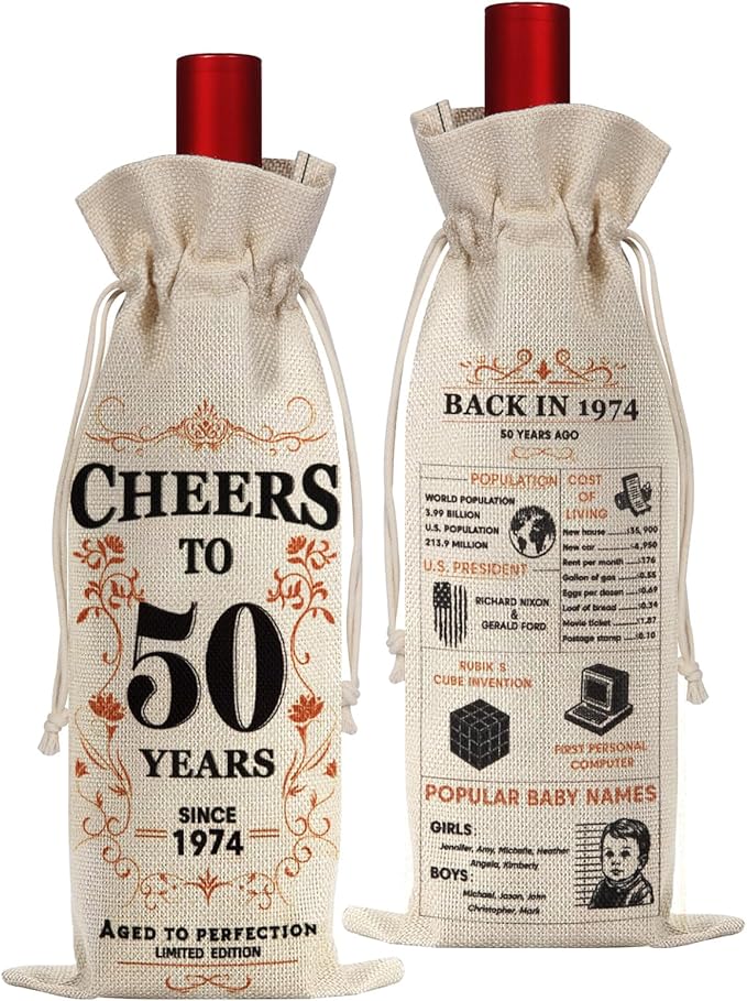 SpringWhisper 50th Birthday Gifts for Women Men Back in 1974 Birthday Gift 50 Years Old Gift Birthday Decoration Wine Bag Gift for Her Him Wine Gift Bag 50th Turning 50