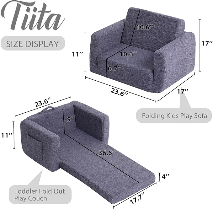 Tiita Kids Sofa, 2-in-1 Kids Sofa Chair, Convertible Children Couch to Lounger, Flip Out Kids Sofa Chair, Toddler Armrest Chair Bed, Folding Kids Play Sofa for Girl or Boy(Navy Blue)