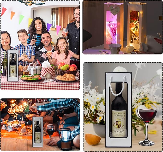 WAKAKO 12 Pcs Wine Gift Bags for Wine Bottles, Reusable Clear Window Wine Bottle Bags Bulk with Handles for Weddings, Valentine's Day, Birthday, Party, Graduations, Thanksgiving (White)