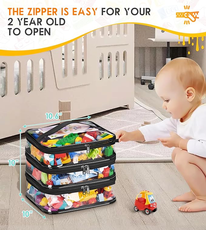 MISSLO 3-Layer Lego Storage Organizer with 3 Manual Pockets Clear Lego Storage Bag for Toys, Puzzles, Bricks, Building Blocks, Crafts (Black)