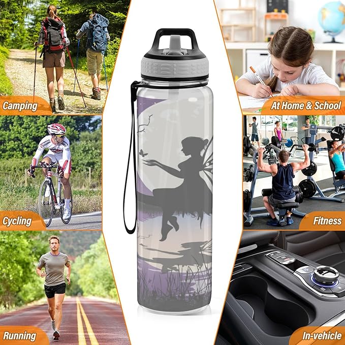 Kigai Beautiful Fairy Clear Water Bottle with Straw Lid, BPA-Free Leakproof Sport Water Bottle 32oz Large Gym Water Jug for Men Women Travel Fitness Outdoor