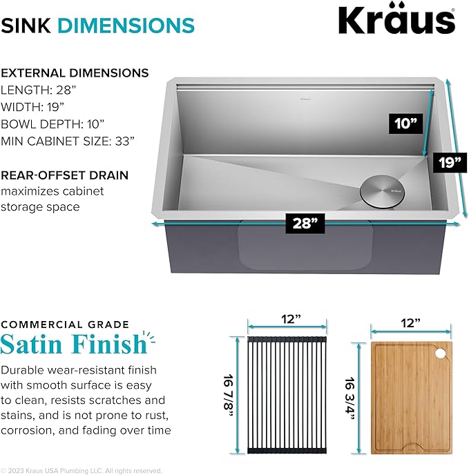 KRAUS Kore 28 Inch Undermount Workstation 16 Gauge Stainless Steel Single Bowl Stainless Steel Kitchen Sink with Accessories, KWU110-28