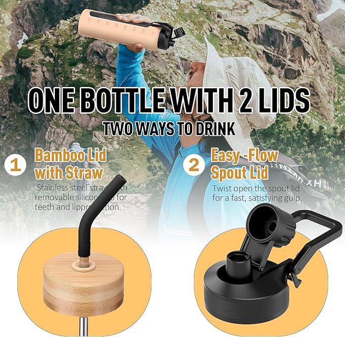 Glass Water Bottles with Straw -24oz- Water Bottle Phone Holder for Gym Sports Water Bottles with Silicone Sleeve Glass Drinking Bottles 2 Lids - Spout & Bamboo Straw Lid(Black)