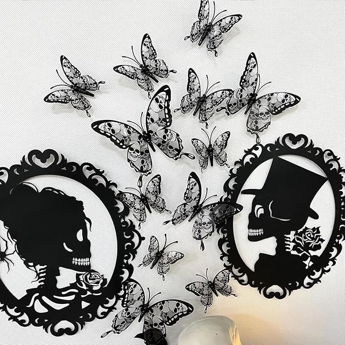 Halloween Wall Decor 3D Skull Butterfly Wall Stickers Halloween Decorations Black Skeleton Butterfly Wall Decals Removable Skull Stickers for Gothic Home Decor Bedroom Room Window Supplies 12Pcs