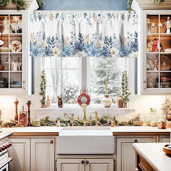 Blue Christmas Poinsettia Valance Curtains for Kitchen Windows Winter Eucalyptus Leaves Rod Pocket Window Treatment Toppers for Kitchen/Living Room/Bedroom/Bathroom, 60" X 18",