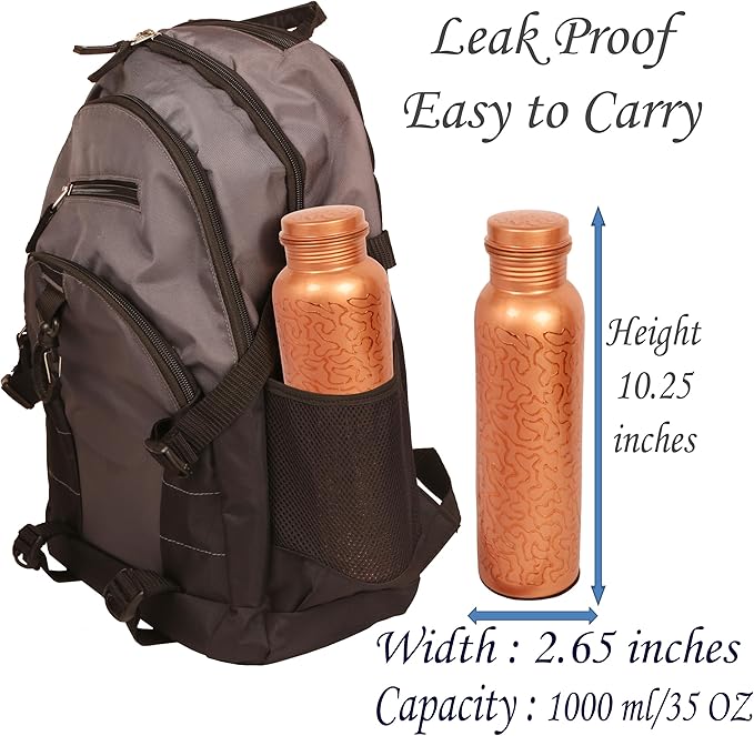Pure Copper Water Bottle - Handcrafted - Ayurveda health benefits - Large 35 oz - Leak proof - Easy to carry for Sports, Fitness, Yoga, School -Glade Pattern Natural Copper Finish