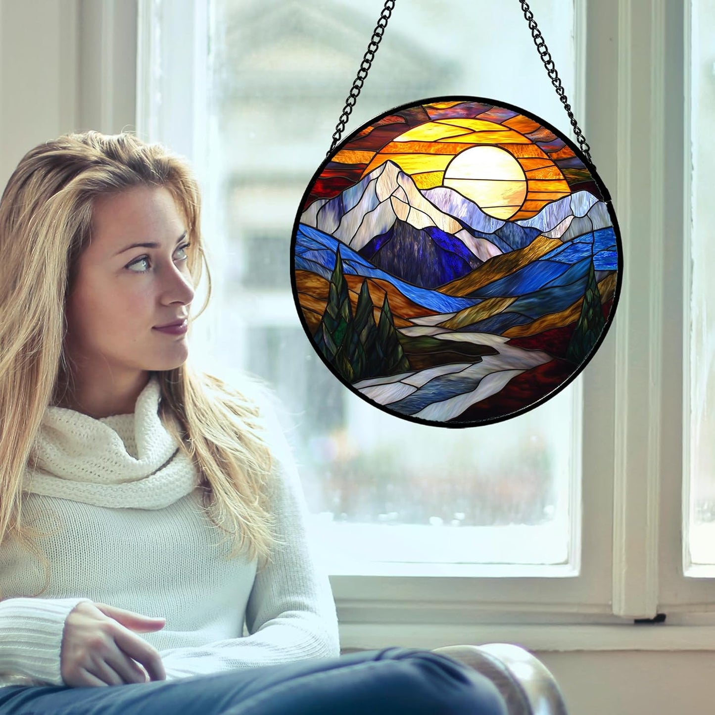 Stained Glass Window Hanging, Yellow Blue Sunset Mountains Scenery Sun Catcher for Window Home Decor Landscape Suncatcher Mother's Day Birthday Gifts for Women Men Mom and Nana 11.8 in