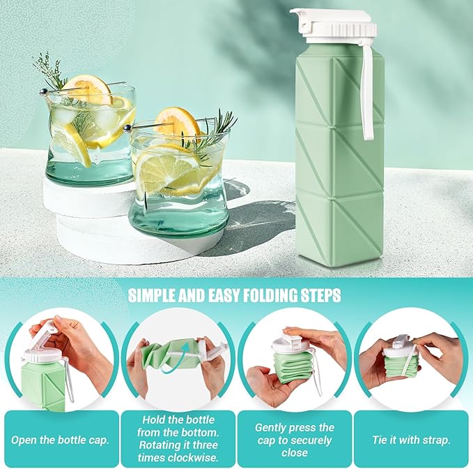 Collapsible Travel Water Bottles, Food Grade BPA Free Silicone Foldable Water Bottle, Leakproof Portable Expandable Water Bottles for Traveling, Camping, Hiking, Cycling & Sports Outdoor 620ml(2 Pack)