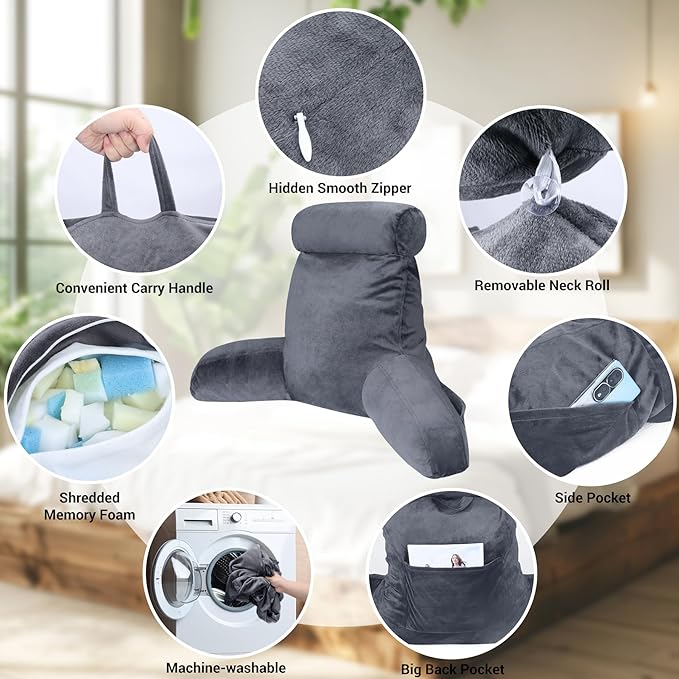 COOLBEBE Reading Pillow for Bed Backrest Pillow for Bed Sitting Up Adult with Arms Grey Back Support Pillow with Headrest & Pockets, Removable Washable Cover and Detachable Neck Roll(Large 27")