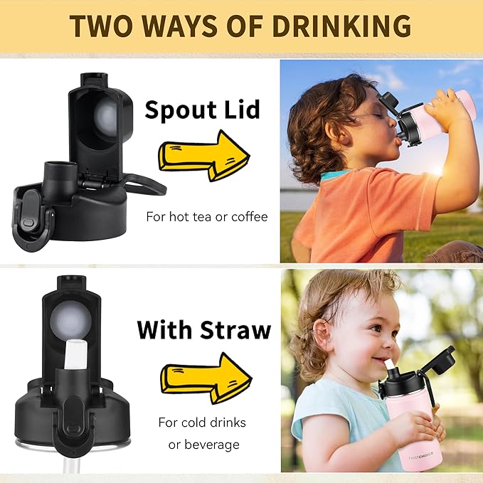 Kids Insulated Water Bottle with Straw,14oz Stainless Steel Water Bottle,BPA-free and Leak-proof,Double Wall Vacuum Water Flask for School,Gifts for Boys and Girls（14oz,Pink）