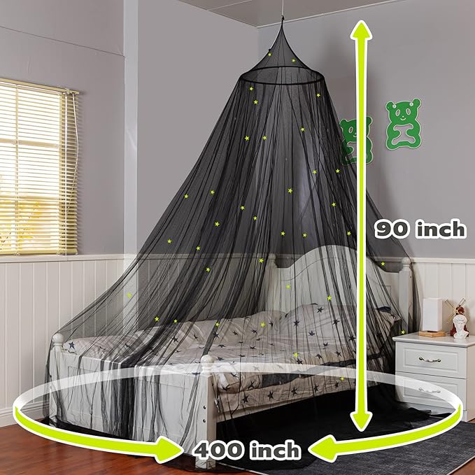 South to East Bed Canopy with Glowing Stars in The Dark, Black Bed Curtains for Kids Bed & Toddler Bed, Twin, Full & Queen Bed, Mosquito Net Canopy for Adult Bedoom, Easy to Install