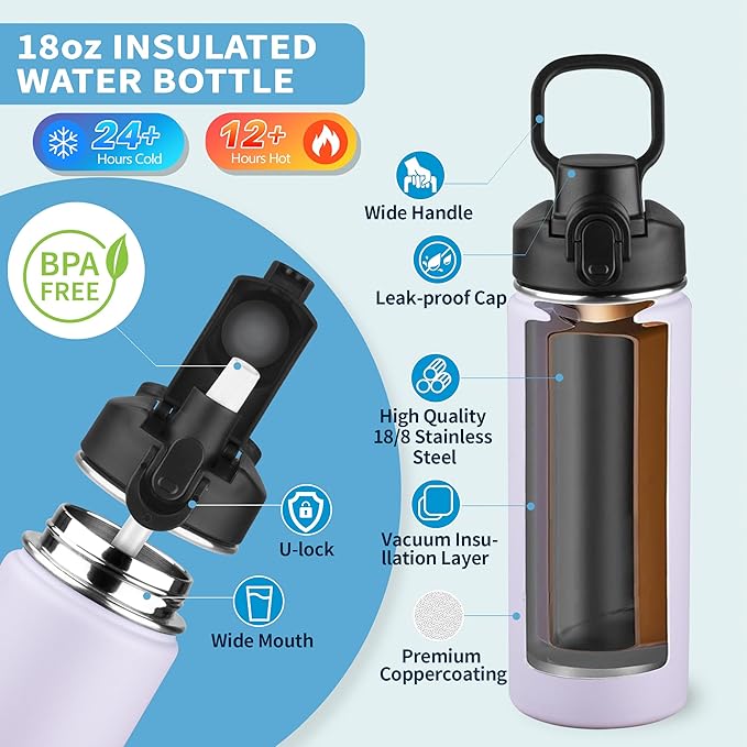 Insulated water bottle with Straw,18oz Stainless Steel Water Bottle for Adult Kids,Double Wall Vacuum Wide Mouth Insulated Water Bottle for School,BPA-free and Leak-proof（18oz,Lavender）