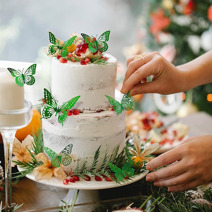 SAOROPEB 3D Butterfly Wall Decor 48 Pcs 4 Styles 3 Sizes, Green Butterfly Birthday Decorations Butterfly Party Decorations Butterfly Cake Decorations, Removable Stickers (Dark Green)