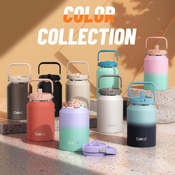 Insulated Water Bottle 64 oz, Stainless Steel Water Bottles with Flip Straw and Top Handle, Leak Proof, Iced for 34 Hours, Vacuum Insulated Water Bottle for Home, Office, Hiking, Car