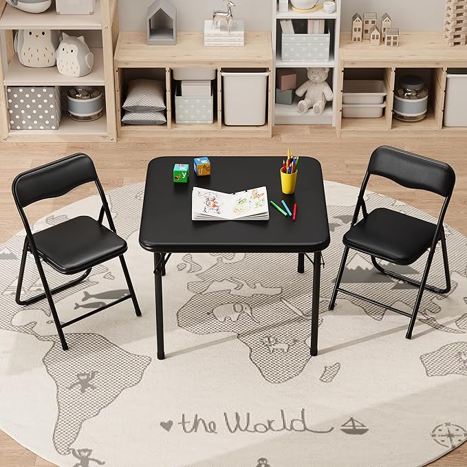 IDEALHOUSE Boys and Girls Folding Table and Chairs Set of 3, Portable Table and Chair with Pu Soft Cushion,Suitable for Eating,Reading and Playing