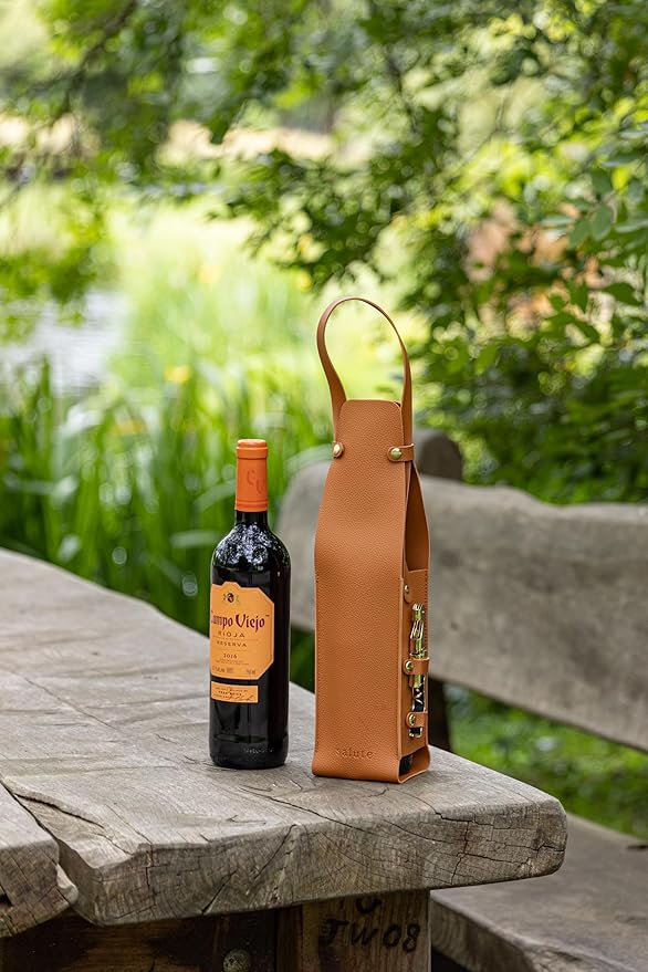NEW Salute Wine Bottle Carrier with Corkscrew | Vegan Leather Tote Gift Bag Corporate Gift idea Picnic Travel Tastings Wine Gift Beach Party BYOB Restaurant Valentines Day (Tan)